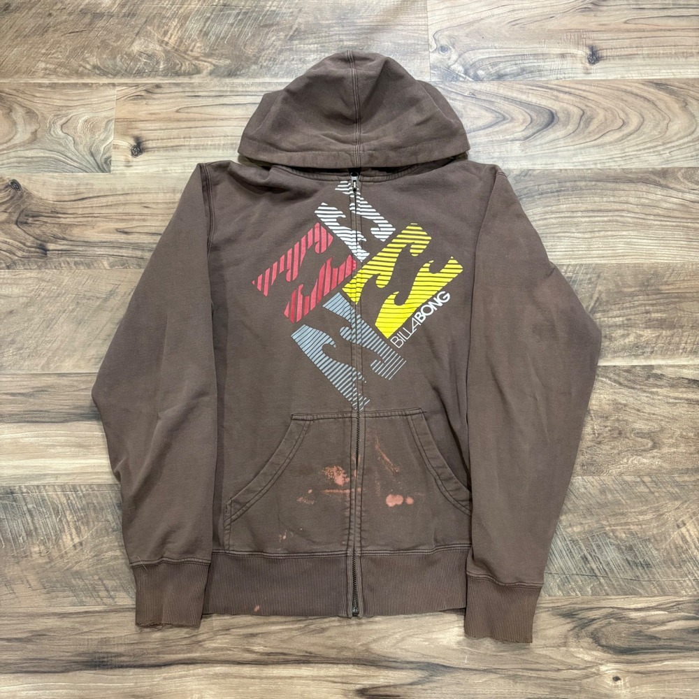 Vintage Y2K Billabong Zip Hoodie 2000s Brown Mens Small Skater Sweatshirt